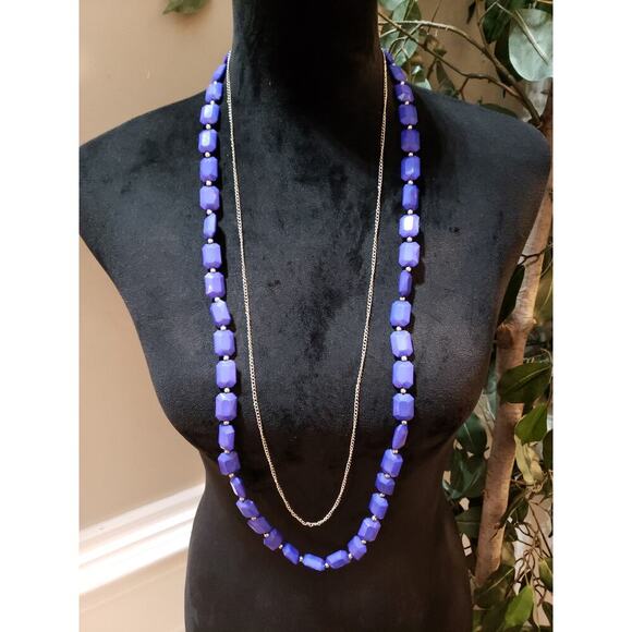 Women Fashion 2 Strand Blue Plastic Faceted Beads Link Chain Necklace w/ Lobster - Picture 3 of 7